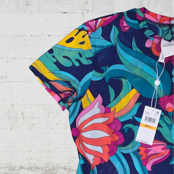 Trina Turk Retro Floral Mesh Crewneck Cinch Hem Swimsuit Cover Up Size Small - Picture 6 of 9